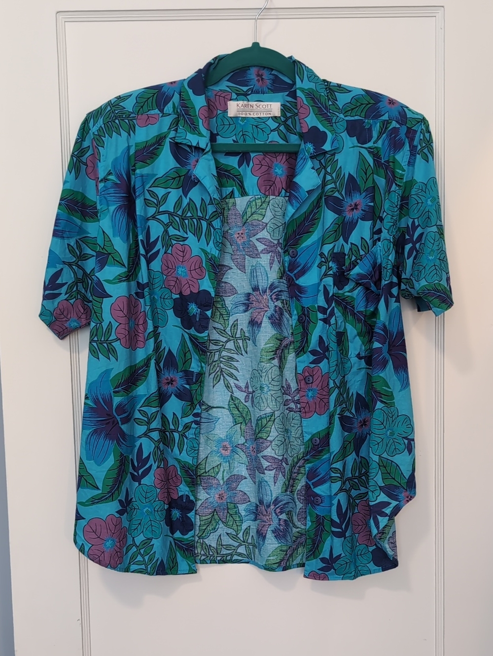 Karen Scott Turquoise Floral Short-Sleeve Button-Down Shirt